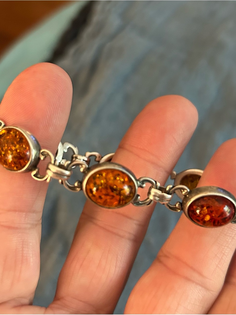 Amber Oval Sterling Silver Link Bracelet